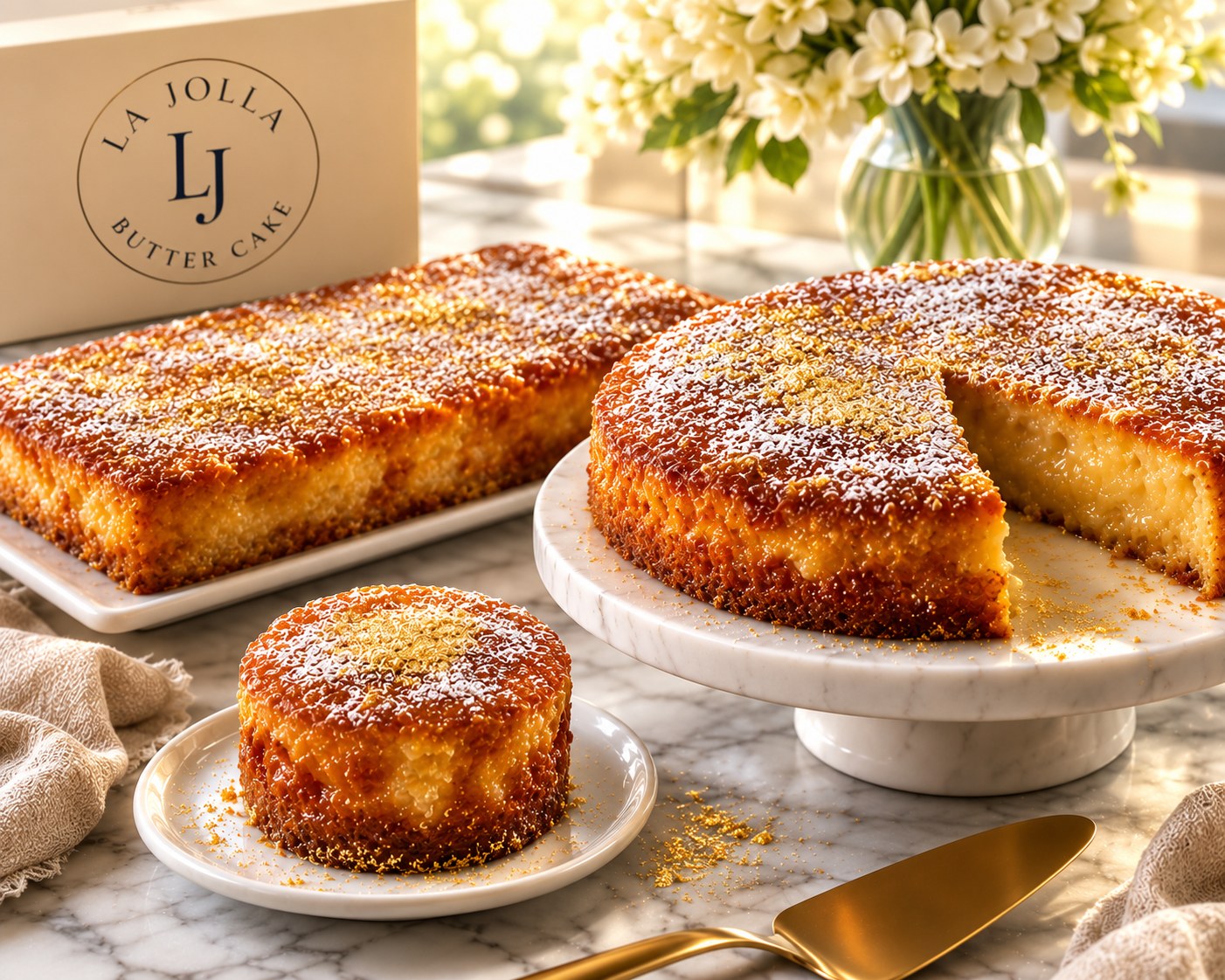 Three sizes of La Jolla butter cake — Gem, Signature, Celebration